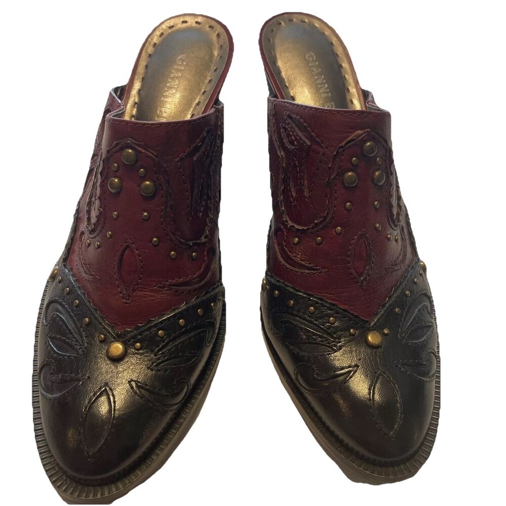 Gianni Bini Mules Womens 7 Brown Inlaid Leather Western Boho Studded Shoes Heels